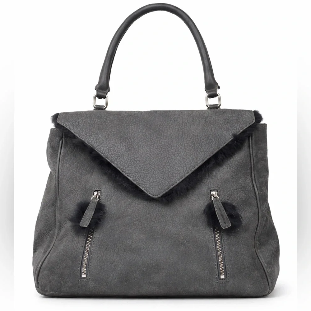 Romy Gold Gray Pebbled Leather Satchel Bag with Fur Trim